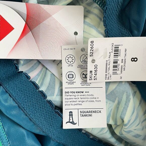 LANDS END Tankini Top Womens 8 Square Neck NEW Baltic Teal Multi Palm Underwire - Picture 8 of 8